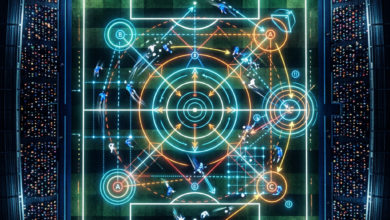 Top-down view of a soccer field with players and glowing tactical arrows and circles illustrating strategy.