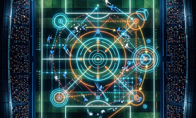 Top-down view of a soccer field with players and glowing tactical arrows and circles illustrating strategy.
