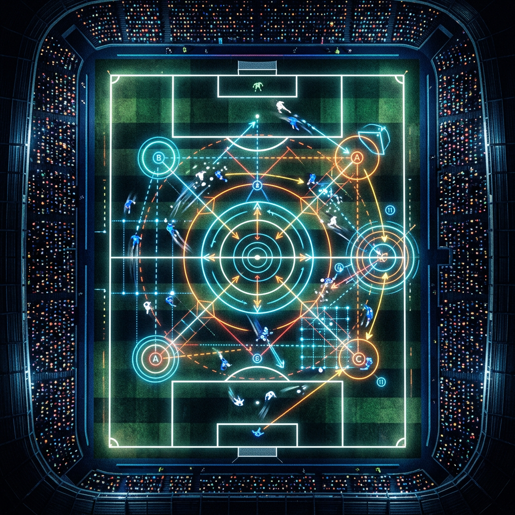 Top-down view of a soccer field with players and glowing tactical arrows and circles illustrating strategy.