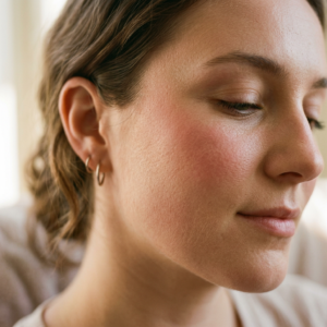 Close-up of a young woman with textured skin, closed eyes, and small hoop earrings.