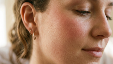 Close-up of a young woman with textured skin, closed eyes, and small hoop earrings.