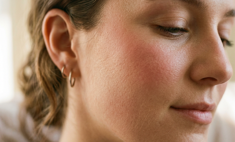 Close-up of a young woman with textured skin, closed eyes, and small hoop earrings.