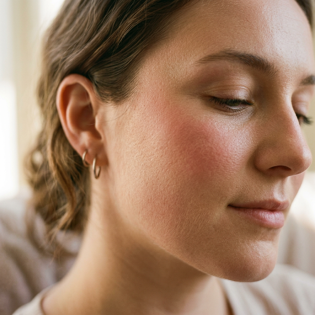 Close-up of a young woman with textured skin, closed eyes, and small hoop earrings.