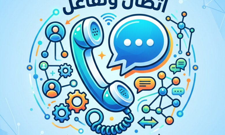 اتصال وتفاعل؛ شبكات، محادثة، تواصل، مع مكبر صوت وفقاعات محادثة
