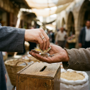 Hand placing banknote and coins into another person's open hand