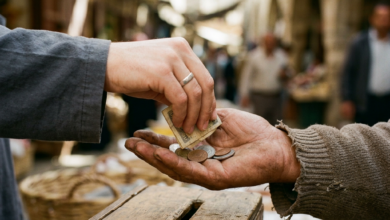 Hand placing banknote and coins into another person's open hand