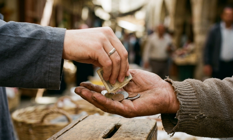 Hand placing banknote and coins into another person's open hand